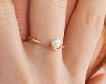 14k Solid Gold Dainty Pearl Ring, Art Deco & Minimalist Real Gold Natural Pearl Ring, Dainty Solitaire Statement Ring, Genuine Pearl - Gift