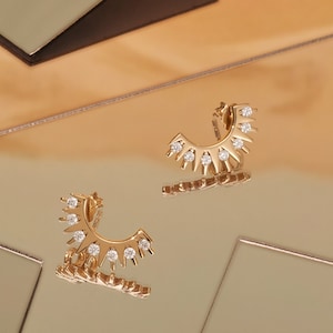 14K Gold Sun Stud Diamond Earrings 0.21 Ct, Sun Earrings, Summer Jewelry, Solar Celestial Star Sunburst, Wedding Gift, Bridesmaid Gift