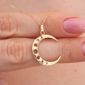 14K Real Gold Crescent Moon Phases Necklace, Minimal Moon Pendant Charm for Women, Dainty Celestial Gold Jewelry, White, Rose Gold Available