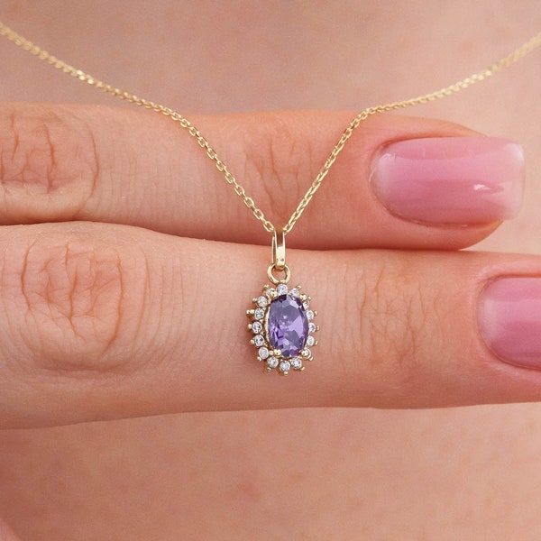 14K Gold Amethyst Necklace, 14k Zirconia Amethyst Oval Pendant, 14k Solid Yellow - White - Rose Minimal Gold Dainty Necklace for Women