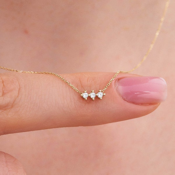 14K Gold Minimal Dainty Trio Necklace, Real Gold Delicate Necklace for Women, Floating Minimalist Bridal Necklace