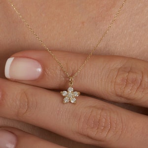 14k Solid Gold Diamond Flower Necklace, Diamond Choker Necklace, Four Diamond Necklace, 14K Real Gold Necklace for Women image 1