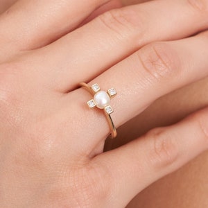 14K Gold Dainty Natural Pearl Ring, June Birthstone Bridal Minimal Stacking Ring, Delicate Single Freshwater Pearl - Minimalist Wedding Band