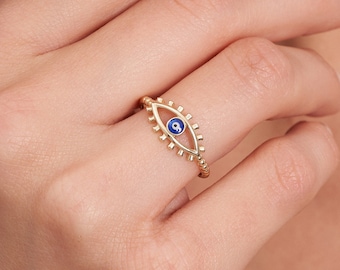 14K Gold Evil Eye Ring, Enamel Good Luck Ring, Dainty Nazar Hamsa Stackable Ring, Minimalist Protection Ring, Simple Tiny Little Finger Ring