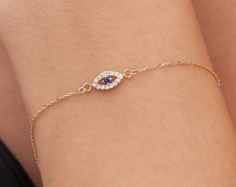 14K Solid Gold Evil Eye Bracelet, Nazar Hamsa Good Luck Chain Bracelet, Evil Eye Charm, Good Luck Protection Jewelry