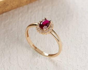 14K Solid Gold Ruby July Birthstone Ring, Oval Cut Pave Citrine Ring, Vintage Dainty Crystal Ring, Stackable Red Gemstone Handmade Jewelry