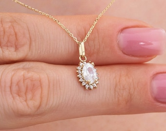14K Gold Oval Cubic Zirconia Gemstone Necklace, 14k Oval Pendant, 14k Solid Yellow - White - Rose Minimal Gold Dainty Necklace for Women