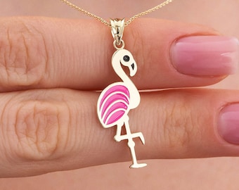 REAL 14K Gold Flamingo Necklace, Pink Enamel Dainty Minimal Animal Pendant Necklace, Cute Animal Jewelry, Gift for Her, Best Friend Gift