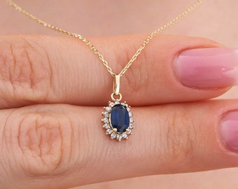 14K Gold Sapphire Necklace, 14k Zirconia Sapphire Oval Pendant, 14k Solid Yellow - White - Rose Minimal Gold Dainty Necklace for Women