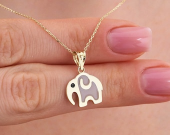 14K Solid Gold Elephant Necklace, Tiny Enamel Elephant Pendant Necklace, Good Fortune Symbol, Wealth Charm, Minimal Animal Jewelry