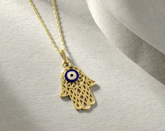 RUNDA Hamsa & Evil Eye Necklace in 14K Solid Gold for Women, Hamsa Necklace, Evil Eye Necklace, Hypoallergenic Dainty Gold Pendant Necklace