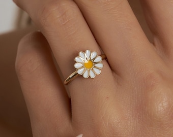 14K Gold Daisy Ring, Solid Gold Flower Ring, Yellow - White - Rose Gold Available, Positivity - Purity, Jewelry Gifts for Her