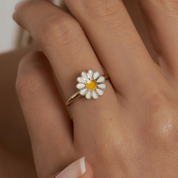 14K Gold Daisy Ring, Solid Gold Flower Ring, Yellow - White - Rose Gold Available, Positivity - Purity, Jewelry Gifts for Her