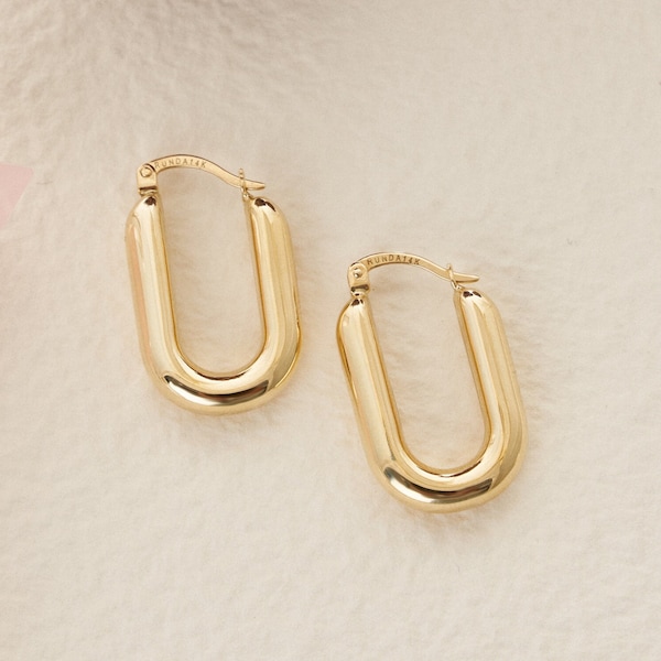 14K Real Gold Oval Rectangle Hoops for Women, Chunky Hoops, 14K Solid Gold Thick Large Hoop Earrings, Bold Hypoallergenic Polished Hoops