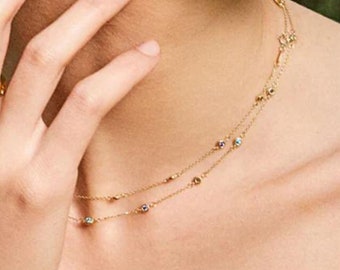 14K Solid Gold Birthstone Bezel Station Chain Necklace, Rainbow Multi Gem Necklace, 2 Strand Layering Necklace, Stacking Necklace for Women