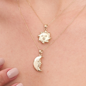 14K Real Gold 3D Puffed Sun and Moon Necklace, Mind Century Modern Minimal Charm Set for Women, Dainty Celestial Gold Jewelry