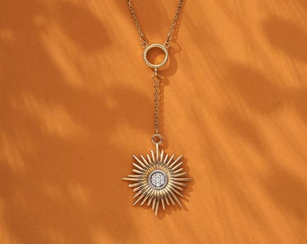 14K Gold Diamond Glowing Sun Necklace, Sunburst Necklace, Sun Statement Necklace, Sunburst Celestial Charm Modern Sun Pendant Summer Jewelry