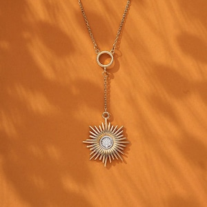 14K Gold Diamond Glowing Sun Necklace, Sunburst Necklace, Sun Statement Necklace, Sunburst Celestial Charm Modern Sun Pendant Summer Jewelry image 1
