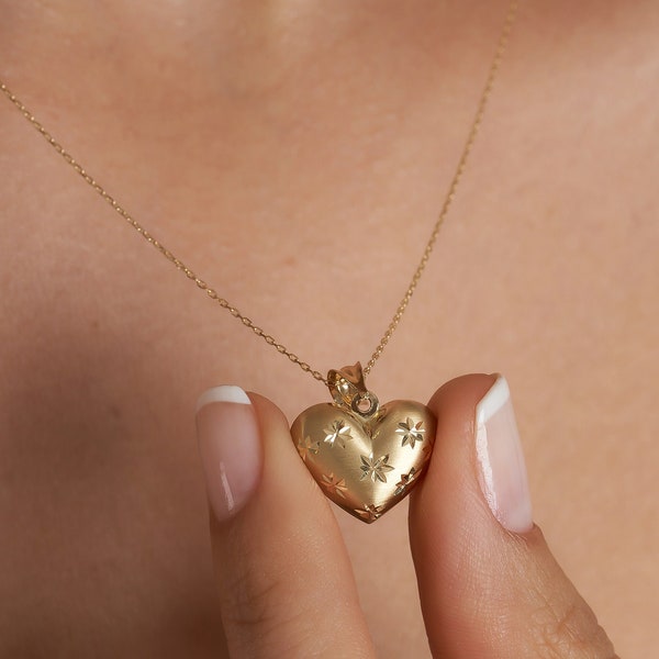 14K Gold 3D Puffy Herz Halskette mit Sternen, Minimalist Herz Anhänger Halskette, Echt Gold Mini 3D Herz Anhänger, Puffed Herz Halskette