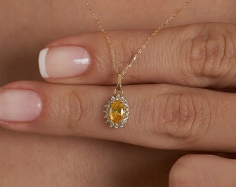 14K Gold Citrine Necklace, 14k Zirconia Citrine Oval Pendant, 14k Solid Yellow - White - Rose Minimal Gold Dainty Necklace for Women