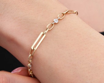 14K Solid Gold Paperclip Link Chain Bracelet, Layering Chain Bracelet, Stacking Bracelet, Gift for Her - Mom