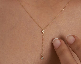 14K Gold Y Minimal Diamond Chain Necklace, Solid Gold Y Necklace, Solid Gold Chain, Delicate Dainty Layered Necklace