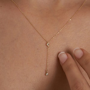 14K Gold Y Minimal Diamond Chain Necklace, Solid Gold Y Necklace, Solid Gold Chain, Delicate Dainty Layered Necklace