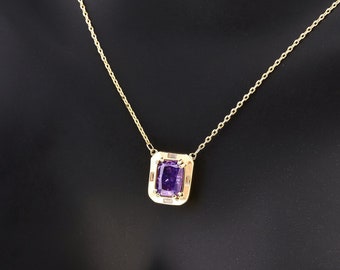 14K Solid Gold Amethyst Necklace, February Birthstone, Minimal Rectangle Gemstone Pendant Necklace, Handmade Jewelry Layering Necklace