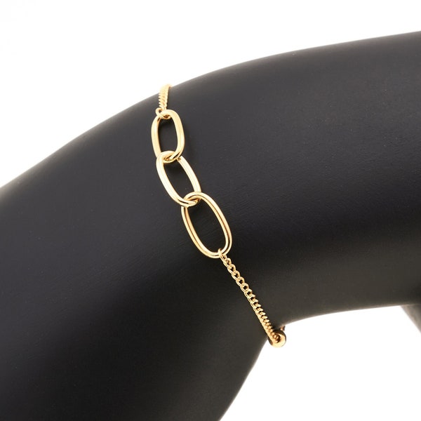 14K Solid Gold Triple Interlocking Unity Armband, Echtes Gold Ästhetisches Oval Link Armband, Minimal Zarte Gourmet Einfache Kette Armband