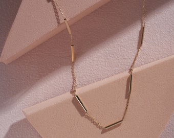 14K Gold Station Minimal Chain Necklace, Solid Gold Necklace, Solid Gold Chain, Delicate Dainty Layered Necklace