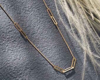 14K Gold Paperclip Station Chain Necklace, Solid Gold Necklace, Solid Gold Chain, Delicate Dainty Layered Necklace