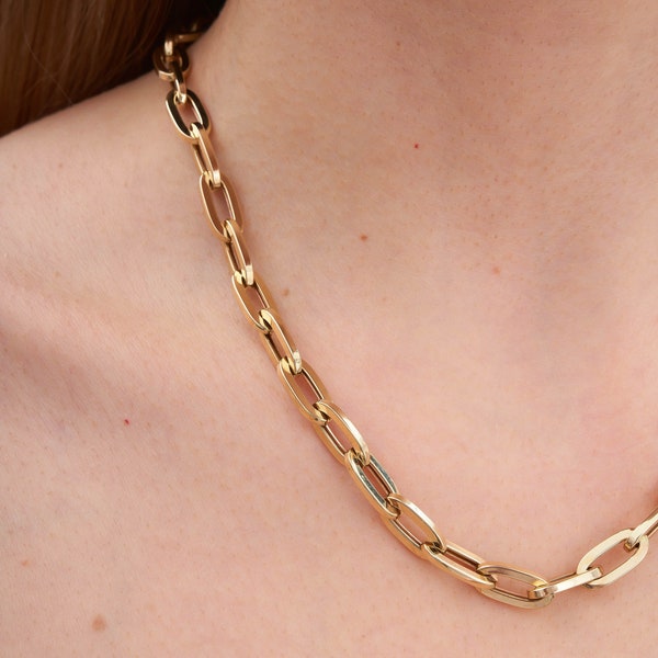 ECHTE Gold-Büroklammer-Kette, 3,60 mm bis 7 mm, ausgefallene italienische Büroklammern, längliche Gliederkette, trendige Choker-Damenhalskette