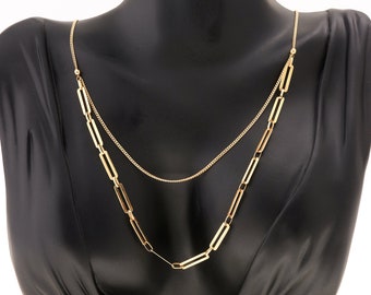 14K Solid Gold Paperclip Curb Link Double Layered Necklace, Delicate Statement Chain Necklace, Duo Chain Multi Two Strand Stacking Necklace