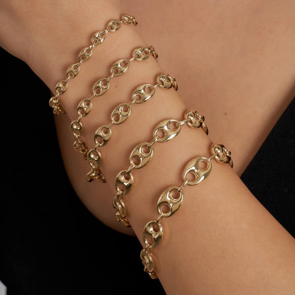 14k Solid Yellow Mariner Bracelet, Puffed Mariner Bracelet for Women, Anchor Link Chain Bracelet,