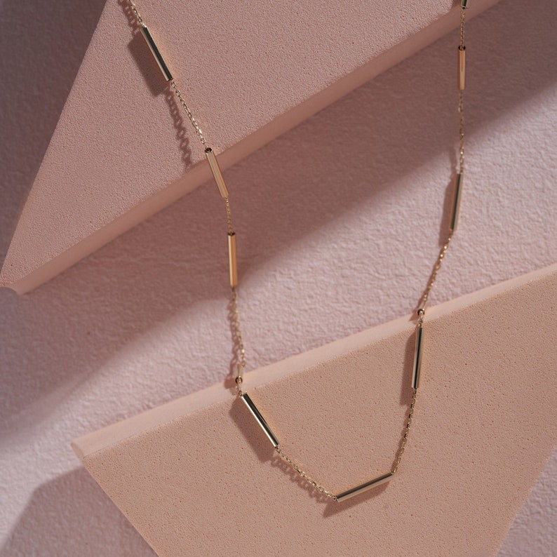 14K Gold Station Minimal Chain Necklace, Solid Gold Necklace, Solid Gold Chain, Delicate Dainty Layered Necklace image 1