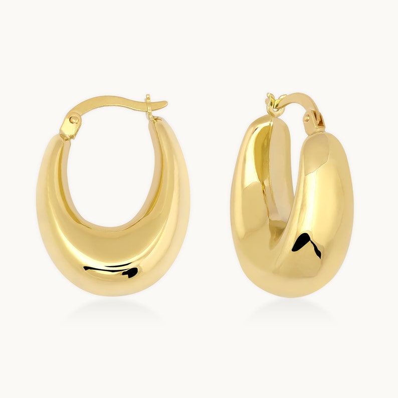 14K Real Gold Thick Hoop Earrings, Chunky Hoops, Polished Chunky Gold Hoop Earrings, Hoops for Women, Gold Oval Hoops Gift for Her image 4