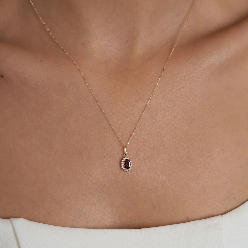 14K Gold Ruby Necklace, 14k Zirconia Ruby Oval Pendant, 14k Solid Yellow White Rose Minimal Gold Dainty Necklace for Women image 4