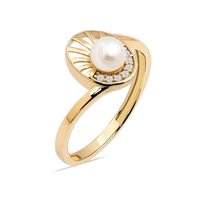 14k Massivgold Zierliche Perlenring, Art Deco & Minimalistischer Echtgold Naturperlenring, Zierlicher Solitär Statement Ring, echte Perle Geschenk Bild 2