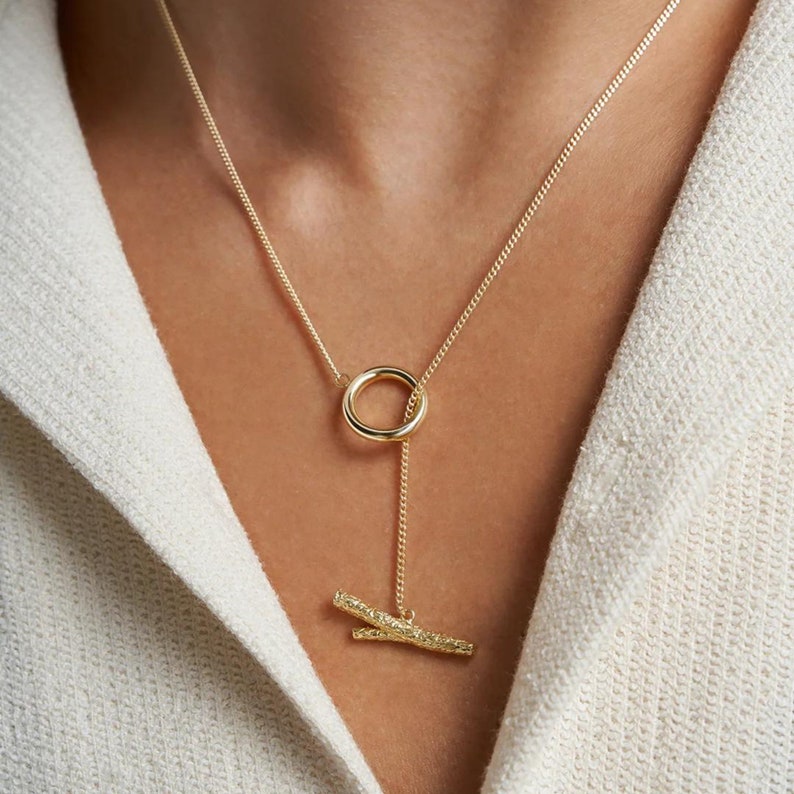 14K Solid Gold Wood Charm Lariat Y Necklace for Women and Men, Unisex Couple Necklace, Handmade Jewelry, Tree Branch Layering Necklace image 3