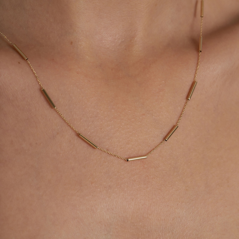 14K Gold Station Minimal Chain Necklace, Solid Gold Necklace, Solid Gold Chain, Delicate Dainty Layered Necklace image 5
