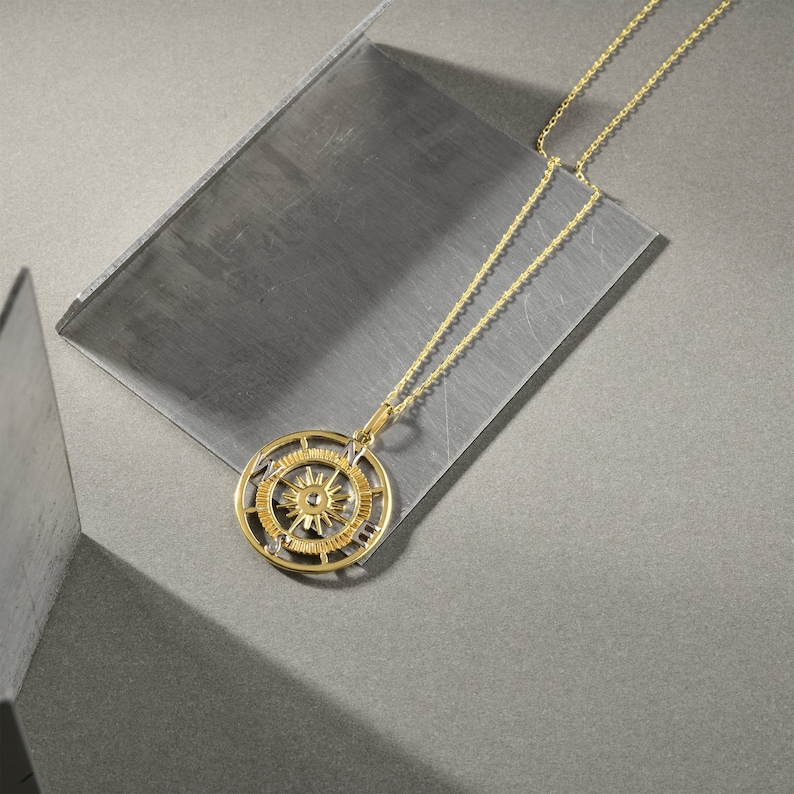 14K Gold Compass Necklace, Travel Necklace, Graduation Gift, Coordinates Necklace, Compass Pendant Necklace, Gold Compass Charm image 1