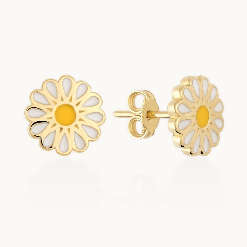 14K Gold Daisy Earrings, Handmade Gold Daisy Stud Earrings, Sunflower Earrings, Innocence and Purity Positive Energy Earrings image 3
