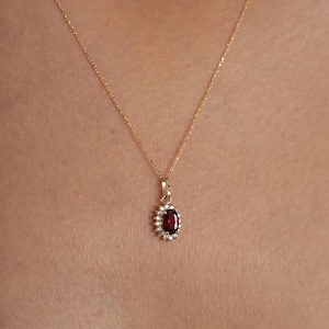 14K Gold Ruby Necklace, 14k Zirconia Ruby Oval Pendant, 14k Solid Yellow White Rose Minimal Gold Dainty Necklace for Women image 5