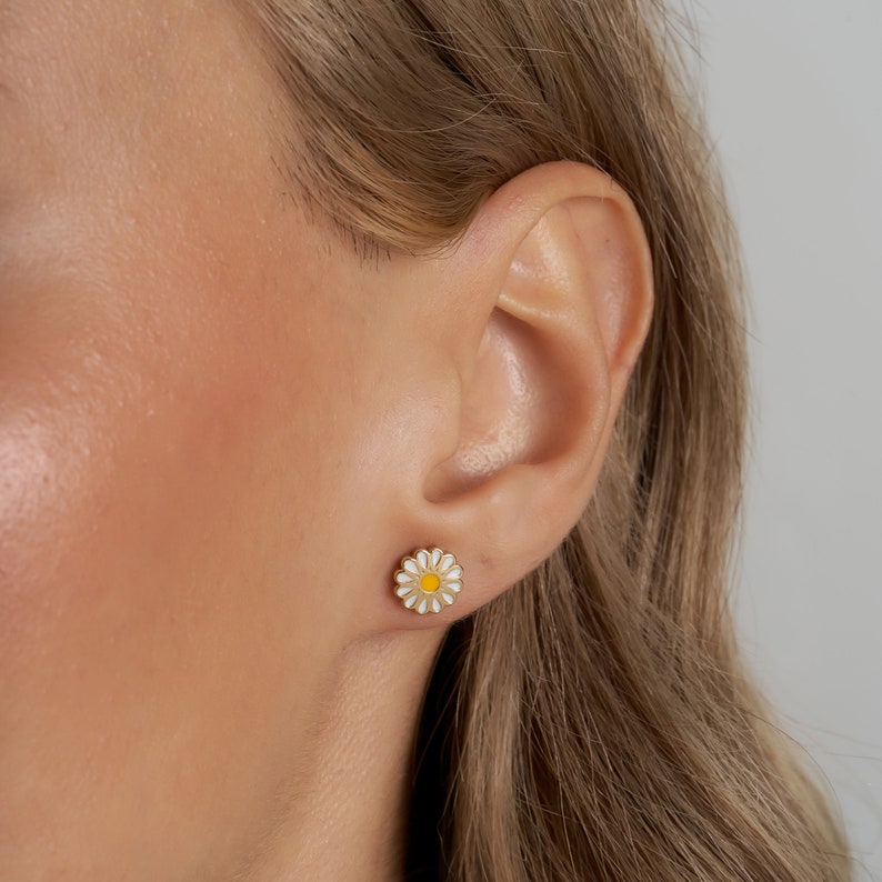 14K Gold Daisy Earrings, Handmade Gold Daisy Stud Earrings, Sunflower Earrings, Innocence and Purity Positive Energy Earrings image 5