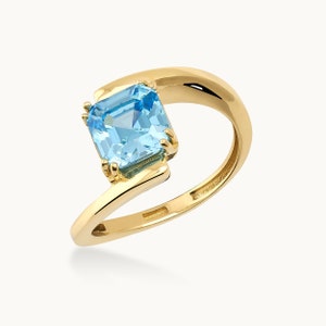 14K Solid Gold Aquamarine March Birthstone Solitaire Ring, Princess Cut 2 CTS Yellow White Rose Gold, Handmade Jewelry, Blue Gemstone Ring image 3