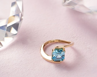 14K Solid Gold Aquamarine March Birthstone Solitaire Ring, Princess Cut 2 CTS Yellow White Rose Gold, Handmade Jewelry, Blue Gemstone Ring