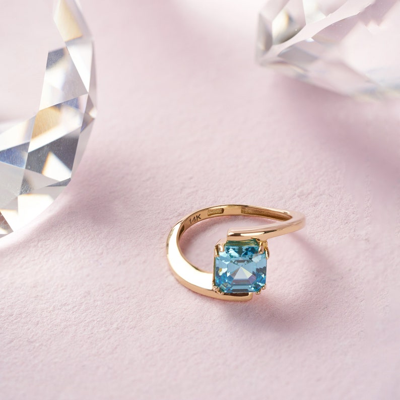 14K Solid Gold Aquamarine March Birthstone Solitaire Ring, Princess Cut 2 CTS Yellow White Rose Gold, Handmade Jewelry, Blue Gemstone Ring image 1