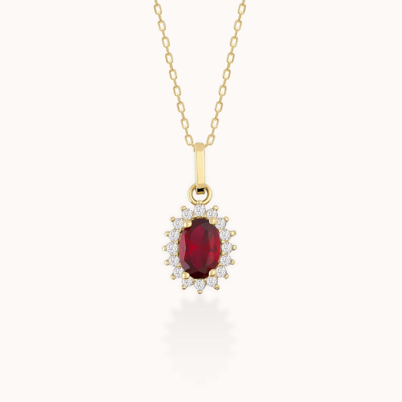 14K Gold Ruby Necklace, 14k Zirconia Ruby Oval Pendant, 14k Solid Yellow White Rose Minimal Gold Dainty Necklace for Women image 3