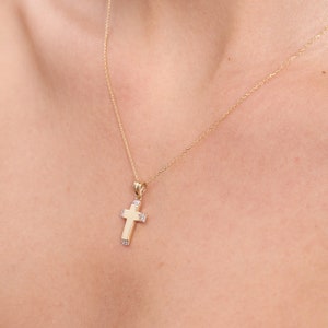 14K Gold Tiny Cross Necklace, Minimal Religious Necklace, Baptism Gift, Communion, Cross Charm, Gold Cross Pendant Necklace, Gemstone Cross image 4