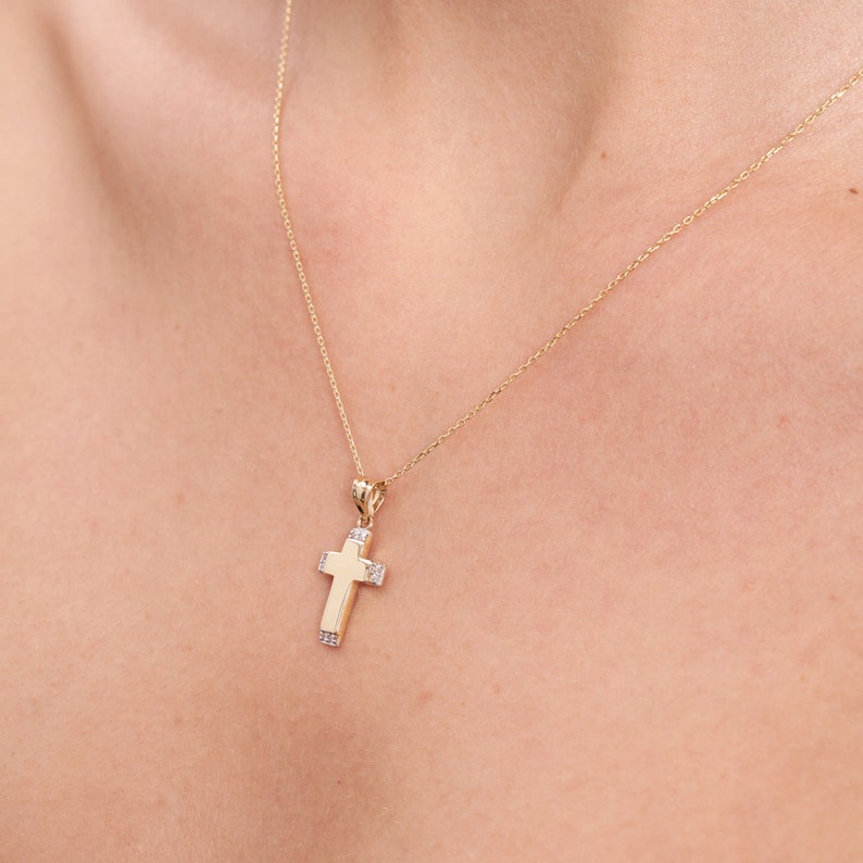 14K Gold Tiny Cross Necklace, Minimal Religious Necklace, Baptism Gift, Communion, Cross Charm, Gold Cross Pendant Necklace, Gemstone Cross image 4